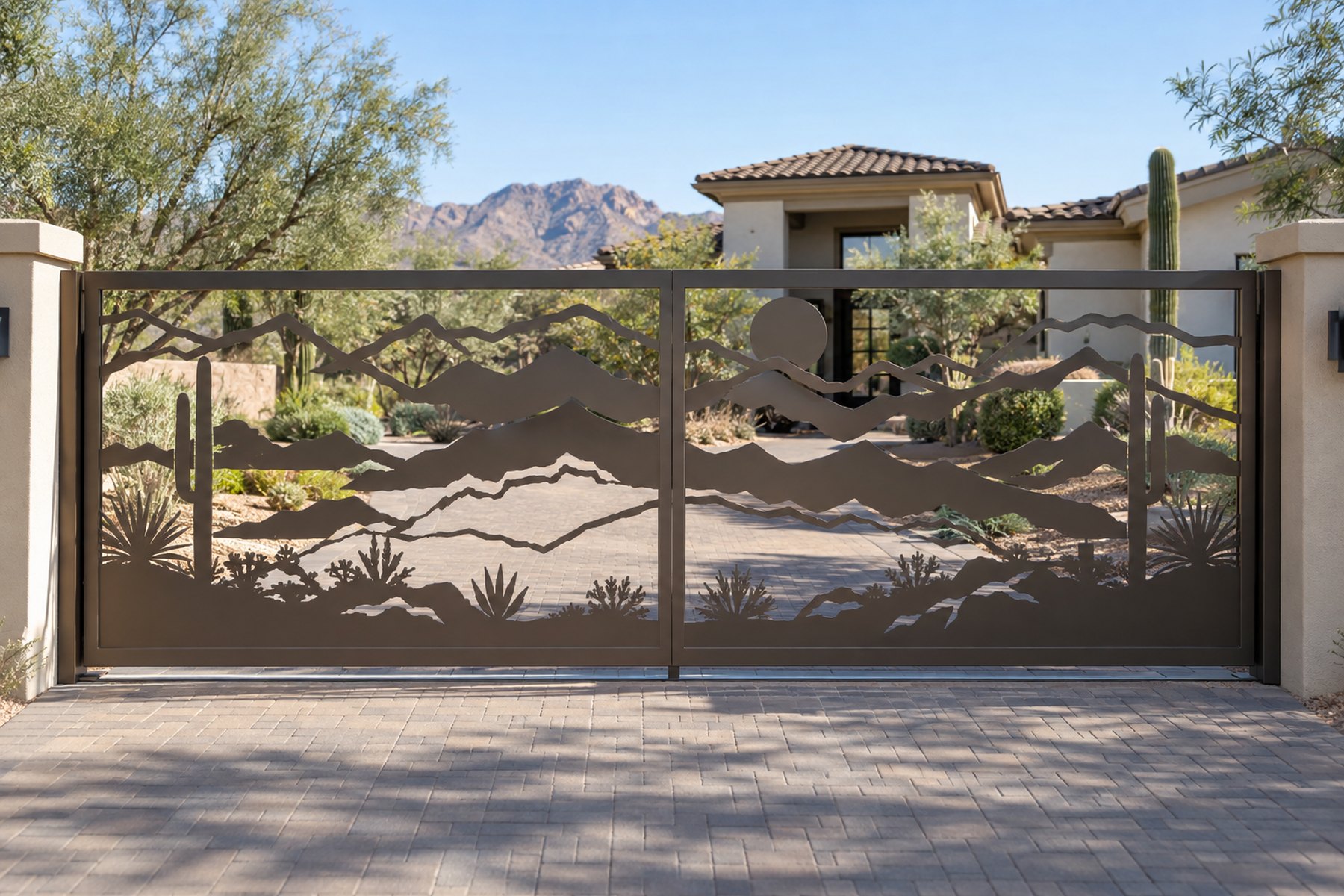 bronze CNC cut steel double sliding driveway gate, Desert mountain silhouette pattern