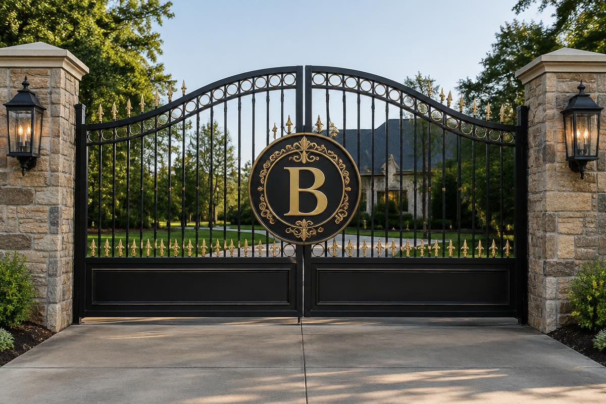 black with gold CNC cut steel double swing driveway gate, Monogram medallion pattern
