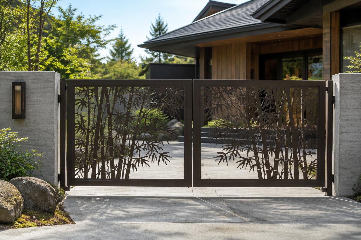 dark bronze CNC cut steel sliding driveway gate, Bamboo grove pattern