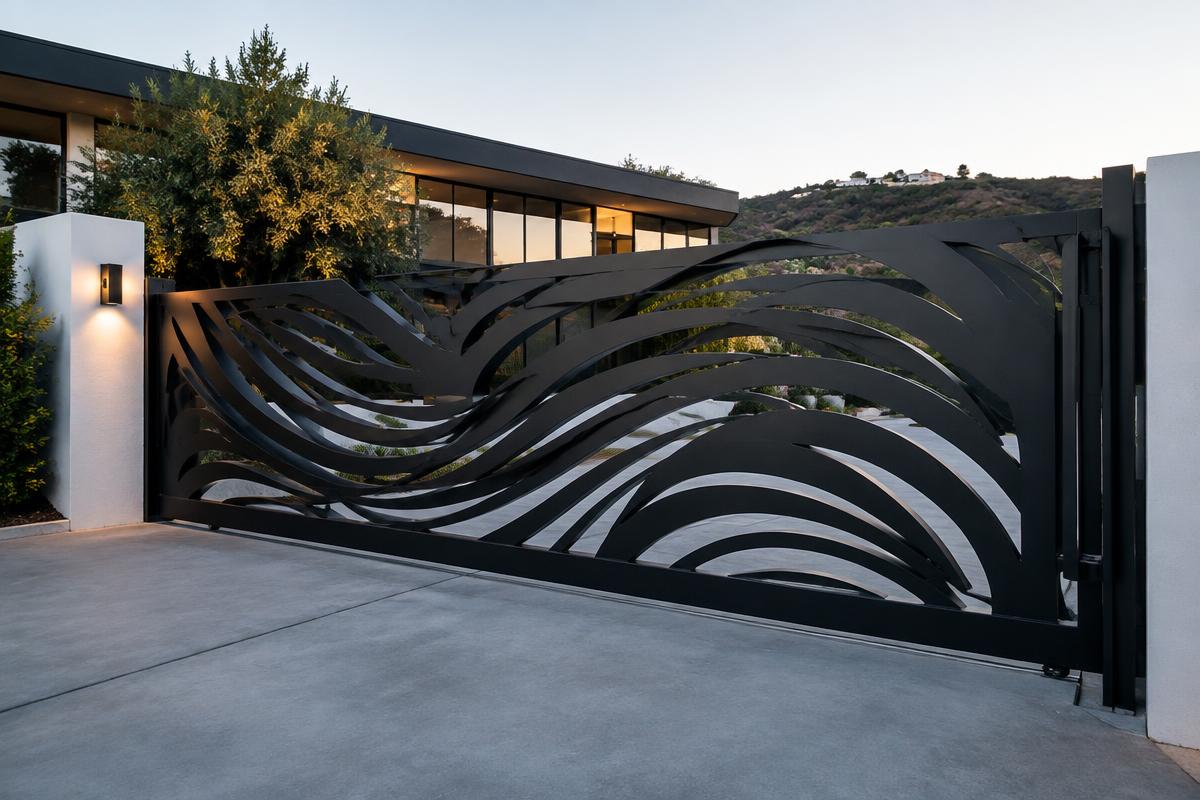 gloss black CNC cut steel sliding driveway gate, Sculpted flowing lines pattern