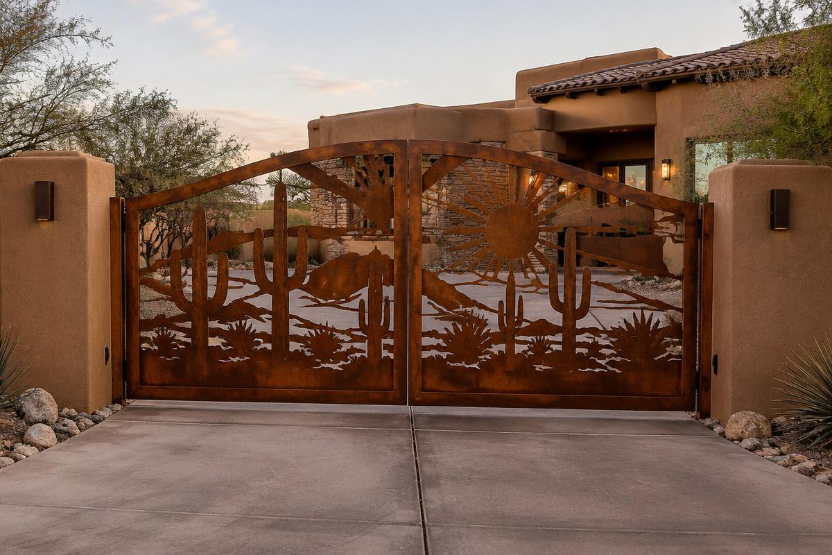 weathered rust CNC cut steel double swing driveway gate, Saguaro sunset pattern