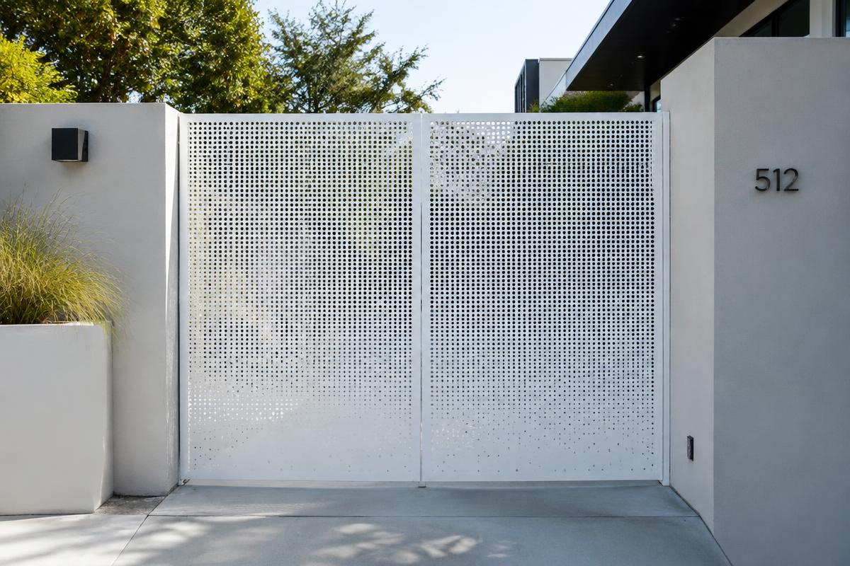 white CNC cut steel sliding driveway gate, Perforated gradient pattern