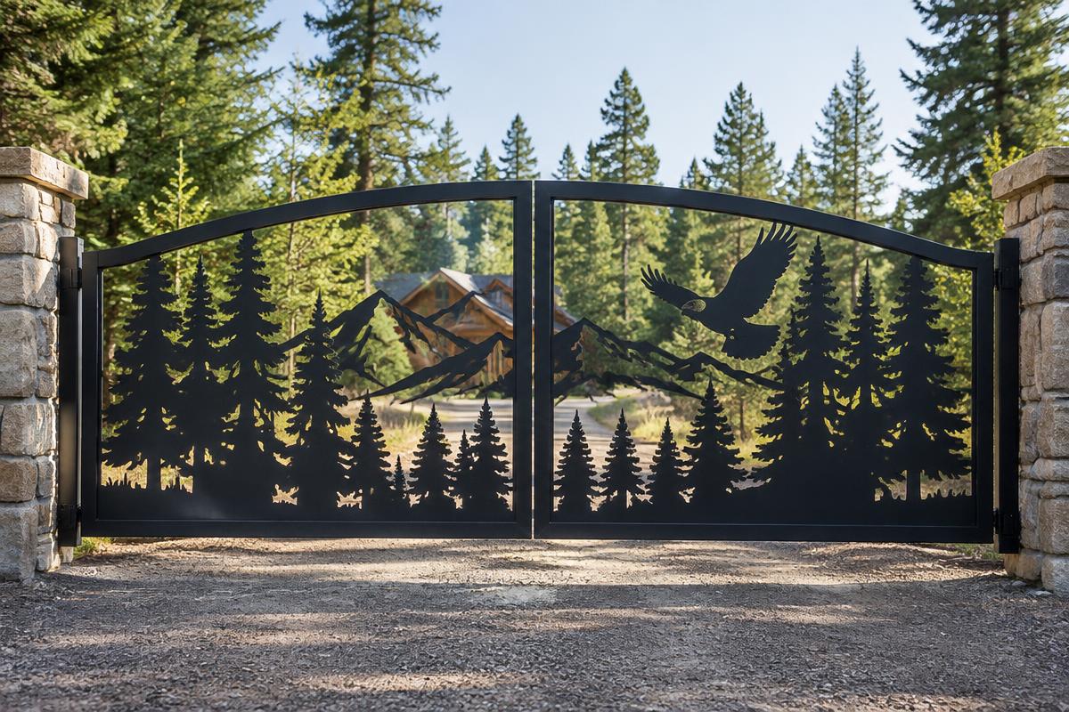 black CNC cut steel double swing driveway gate, Eagle and pine forest pattern