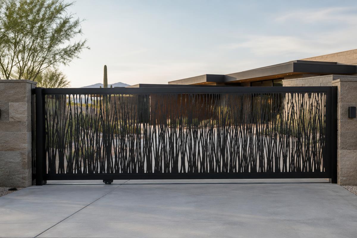 matte black CNC cut steel sliding driveway gate, Desert reeds pattern