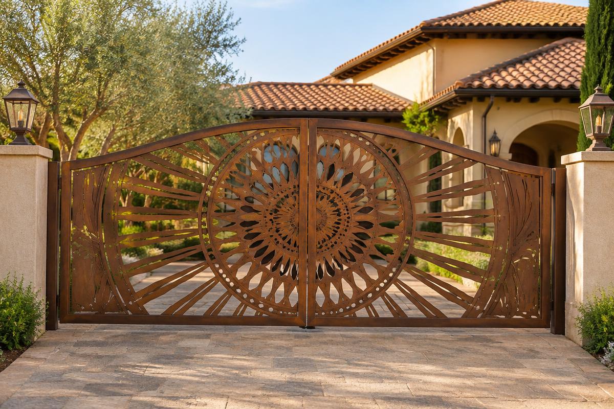 copper CNC cut steel double swing driveway gate, Copper mandala sunburst pattern
