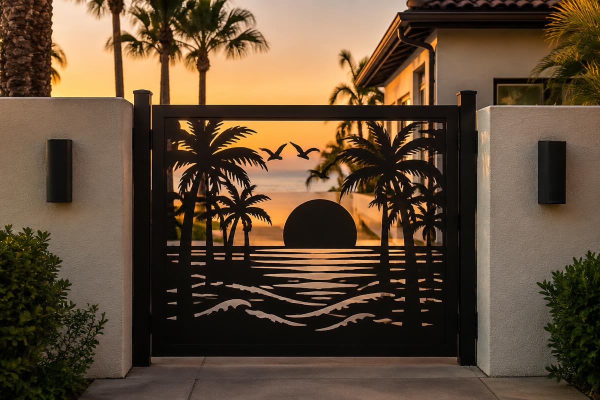 black CNC cut steel pedestrian gate, Palm beach sunset pattern