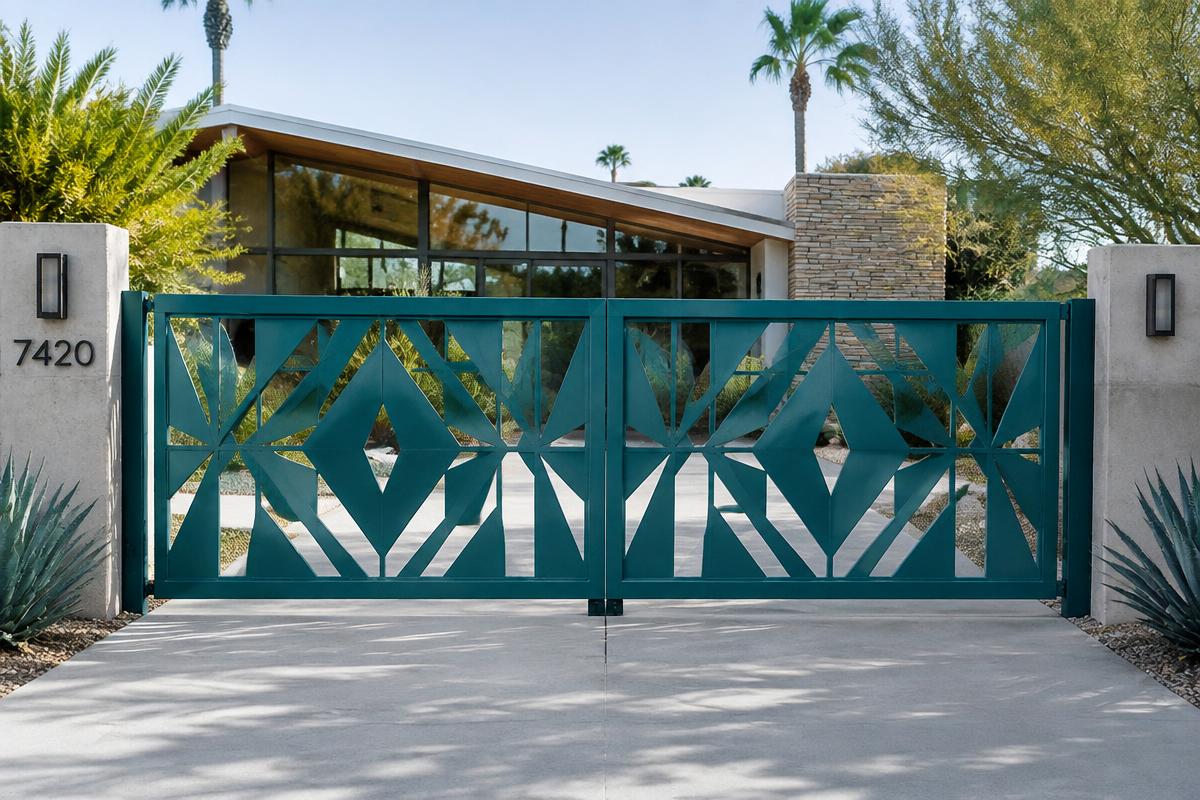 teal CNC cut steel double swing driveway gate, Mid-century geometric pattern