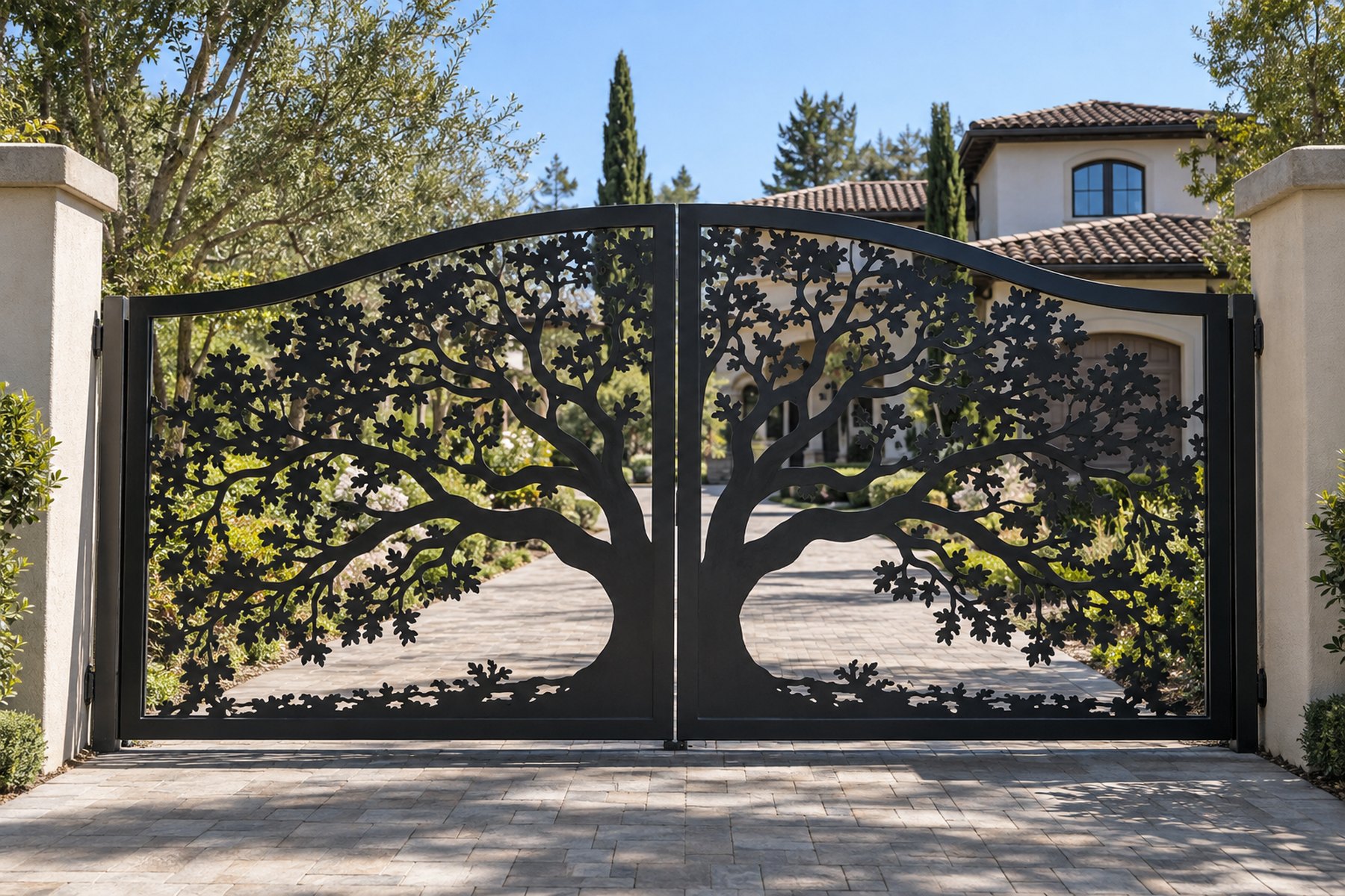 black CNC cut steel double swing driveway gate, Oak tree with spreading branches pattern