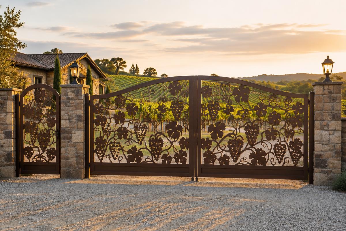black CNC cut steel double swing driveway and pedestrian gate, Vineyard grapevines pattern