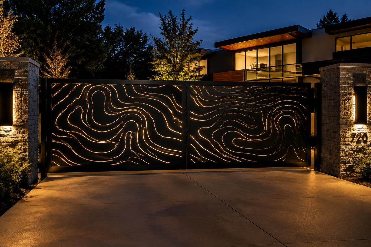 black CNC cut steel sliding driveway gate, Topographic contours pattern