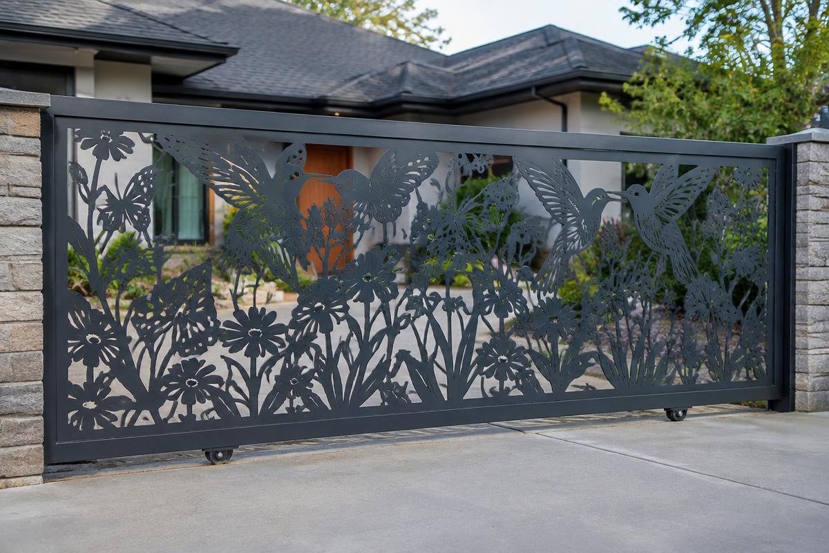charcoal CNC cut steel sliding driveway gate, Hummingbird garden pattern