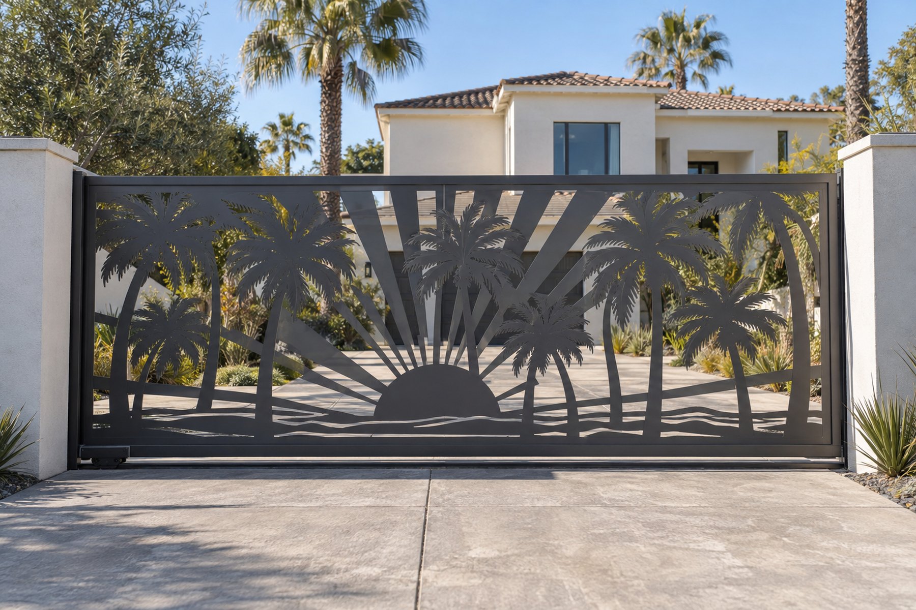 charcoal CNC cut steel sliding driveway gate, Palm trees with sunset rays pattern