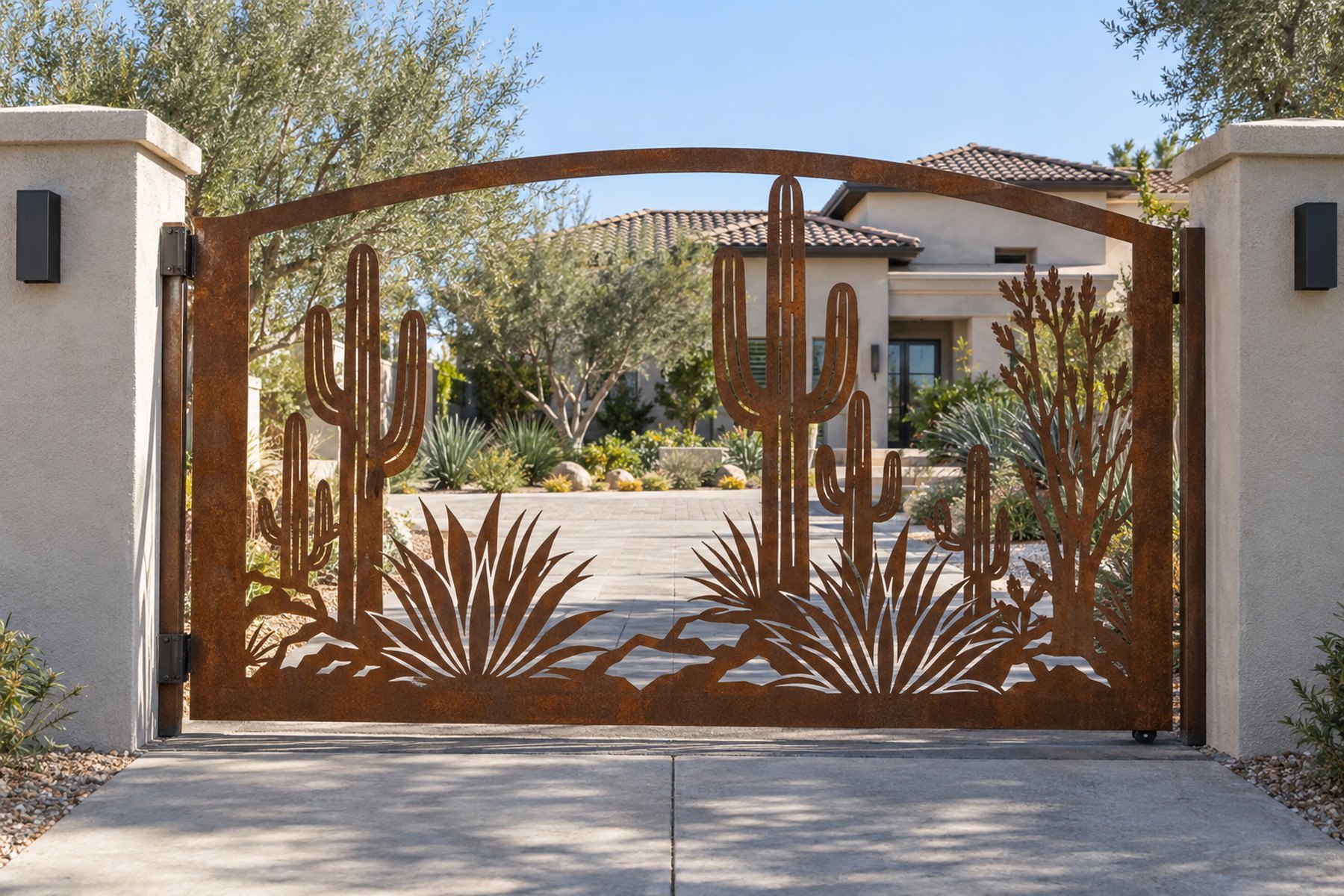 rust patina CNC cut steel single swing driveway gate, Agave and cactus pattern