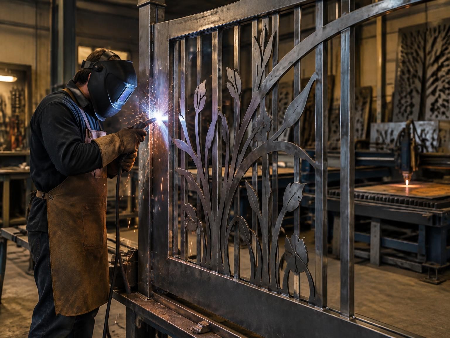 Metal fabricator welding a floral CNC-cut steel gate panel in a modern fabrication shop