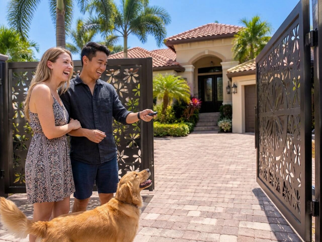 Happy young family opening their decorative CNC-cut driveway gate with a remote control in front of their Florida home
