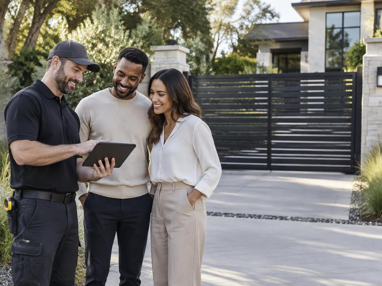 Homeowners reviewing a gate project with a service provider