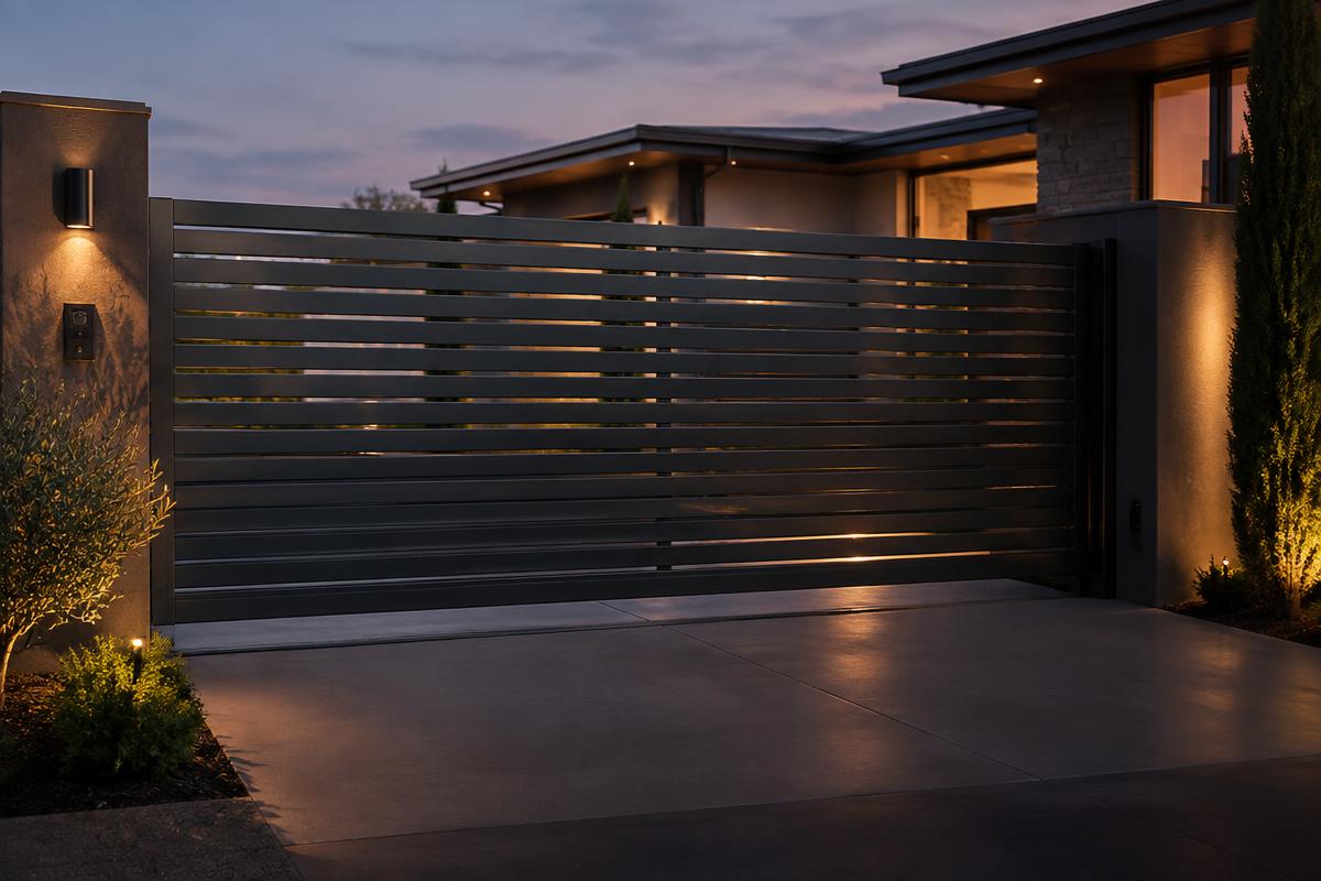Modern black horizontal-slat aluminum driveway gate at a contemporary home