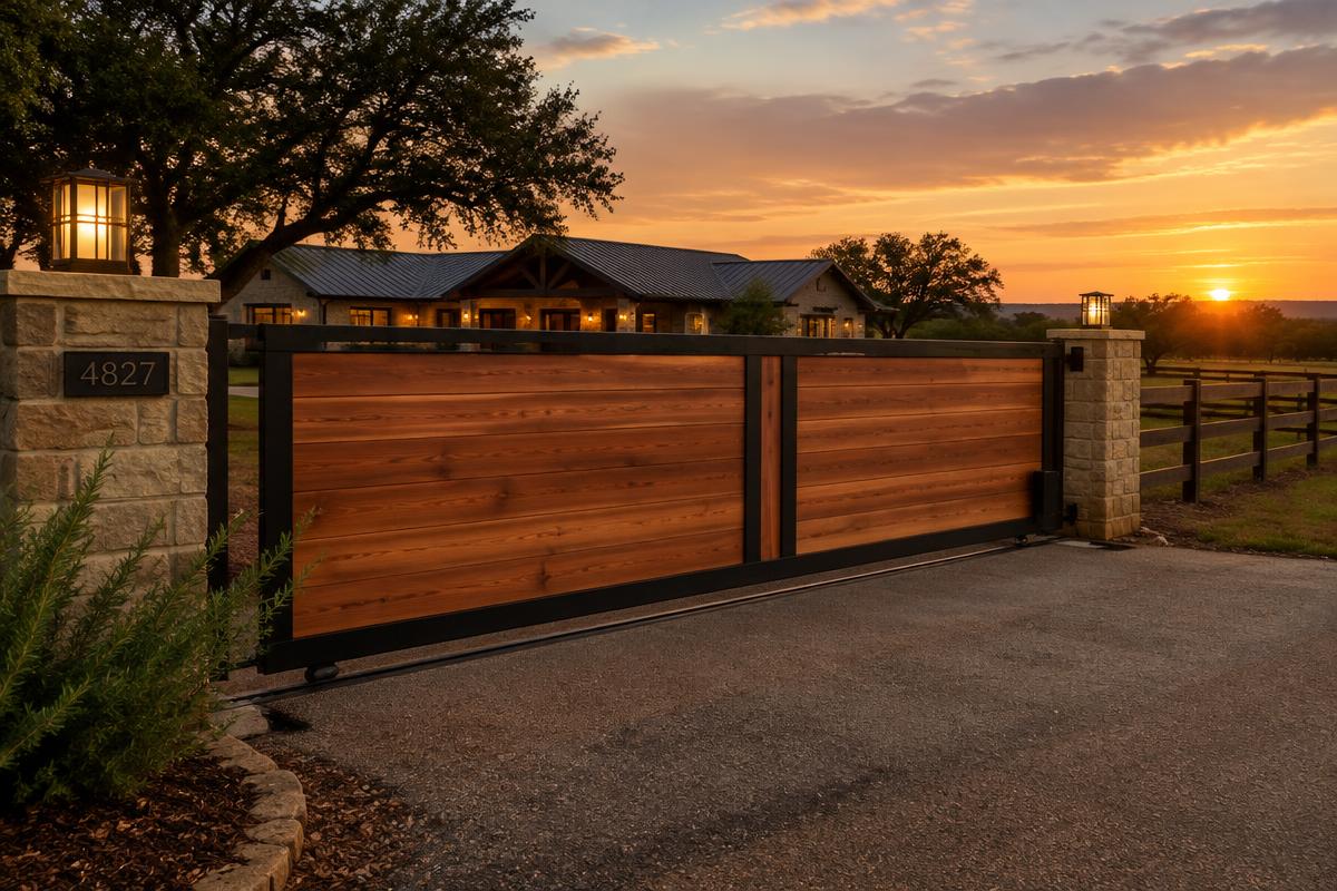 Cedar wood driveway gate with black steel frame at a ranch style home