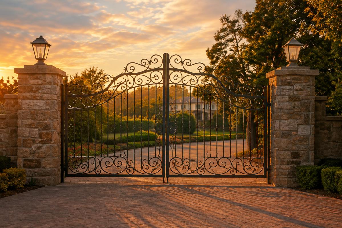 Ornamental wrought iron driveway gate with scrollwork between stone pillars