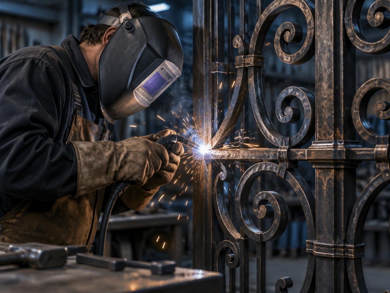 Craftsperson welding an ornamental iron gate